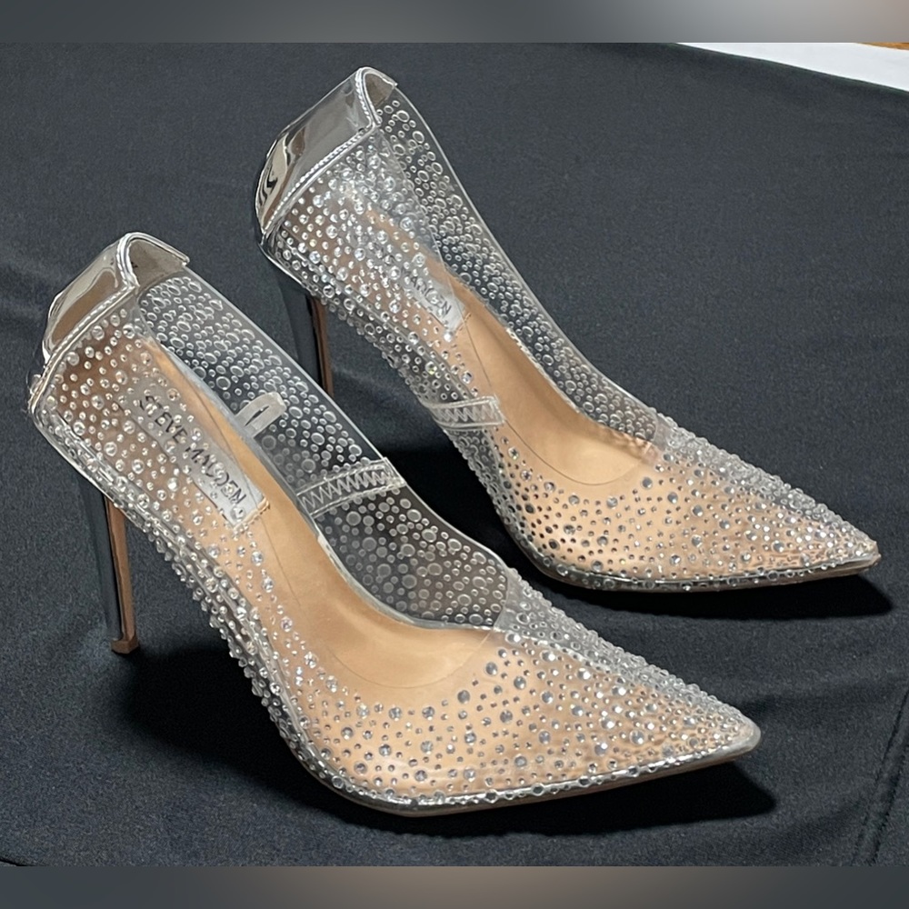 STEVE MADDEN Rhinestone Clear Plastic / Silver Stilettos High Heels 6.5 - Picture 4 of 16